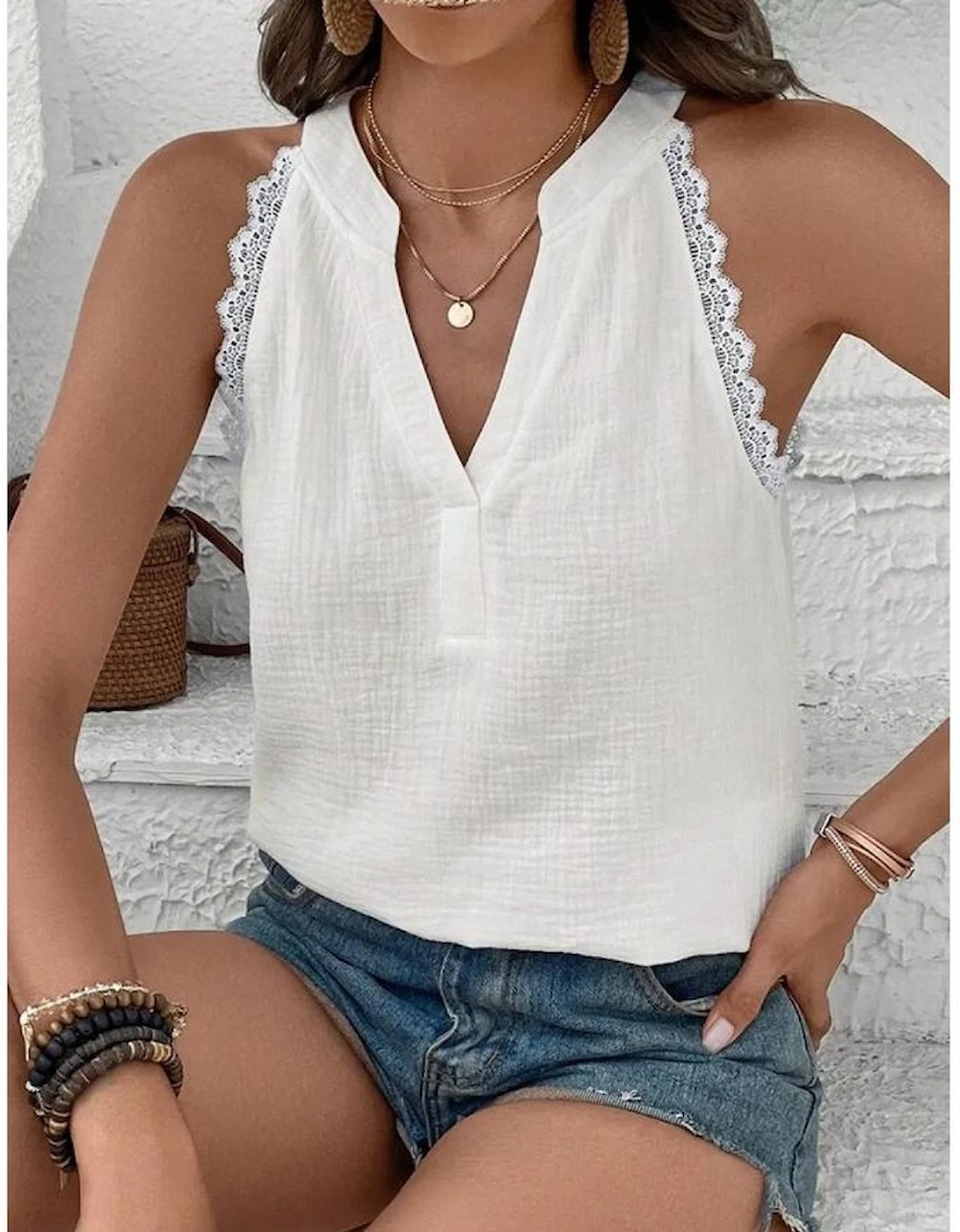White Textured Lace Trim Pure Cotton Sleeveless Top