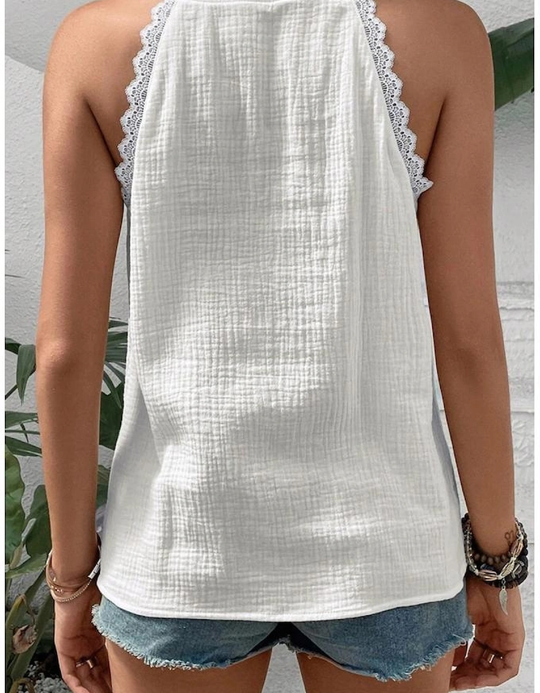 White Textured Lace Trim Pure Cotton Sleeveless Top, 12 of 11