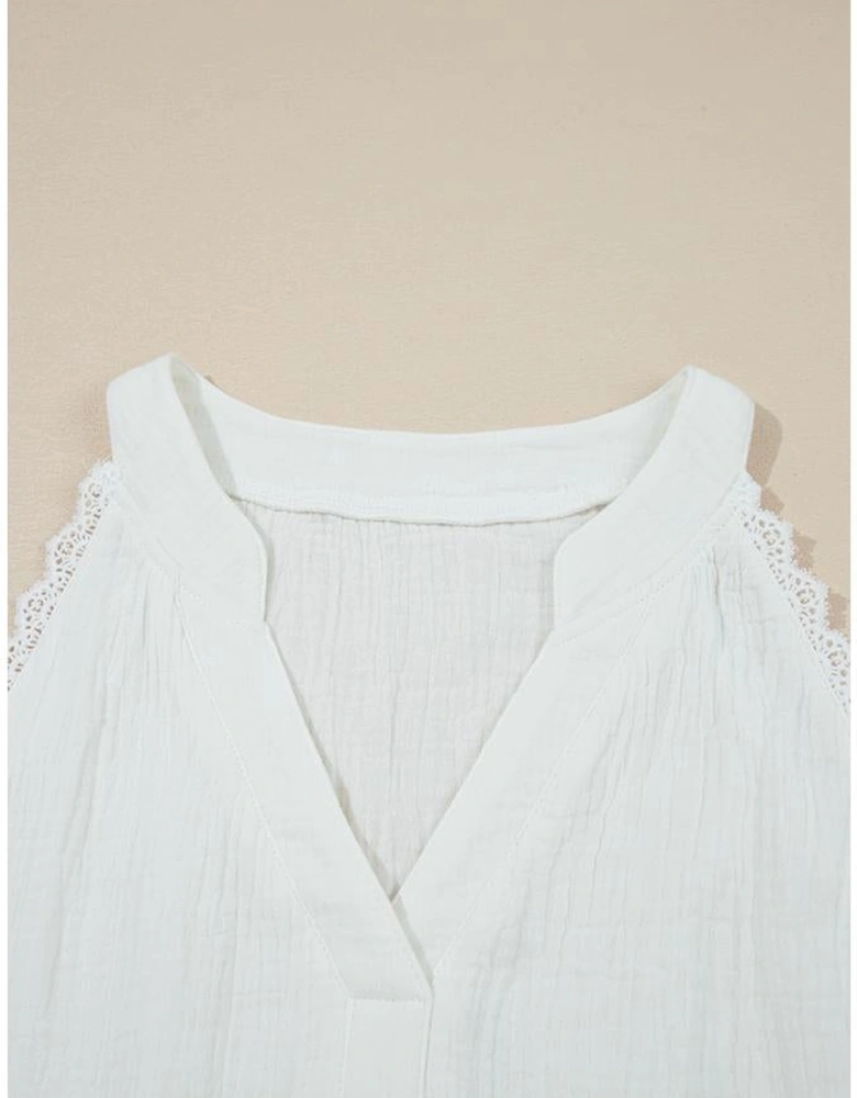 White Textured Lace Trim Pure Cotton Sleeveless Top