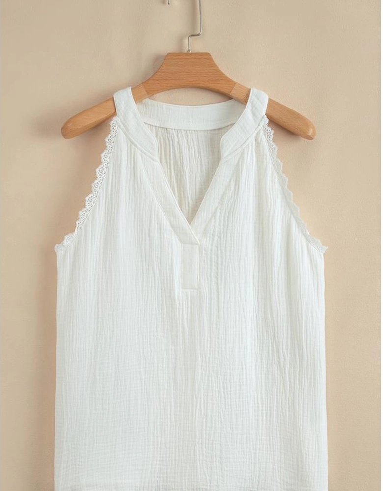 White Textured Lace Trim Pure Cotton Sleeveless Top