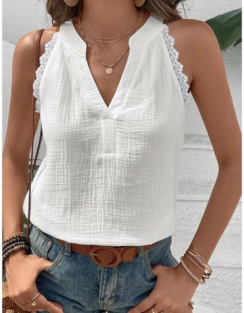 White Textured Lace Trim Pure Cotton Sleeveless Top