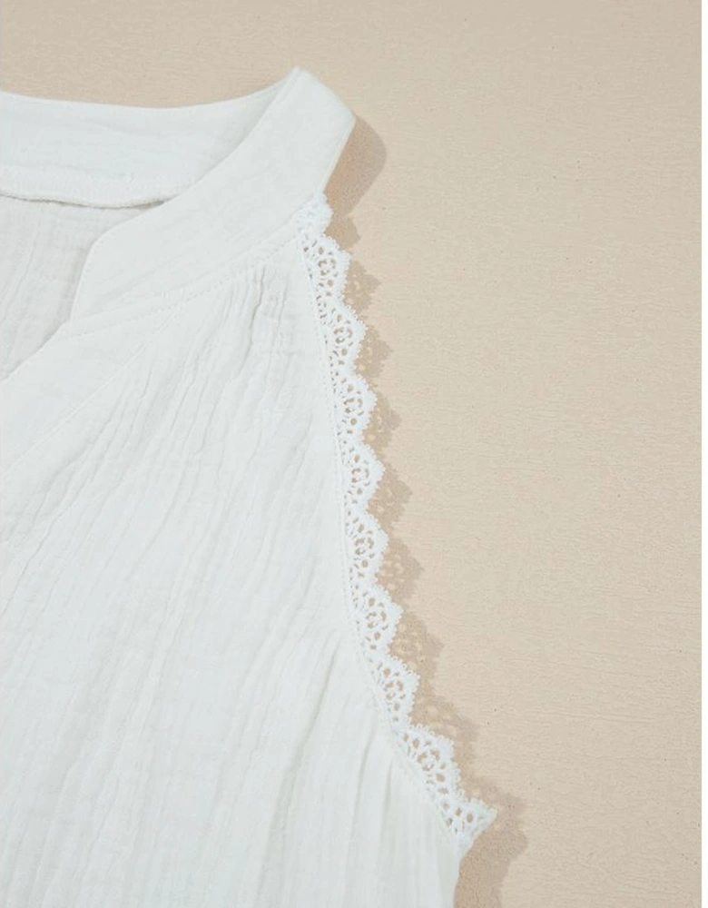 White Textured Lace Trim Pure Cotton Sleeveless Top