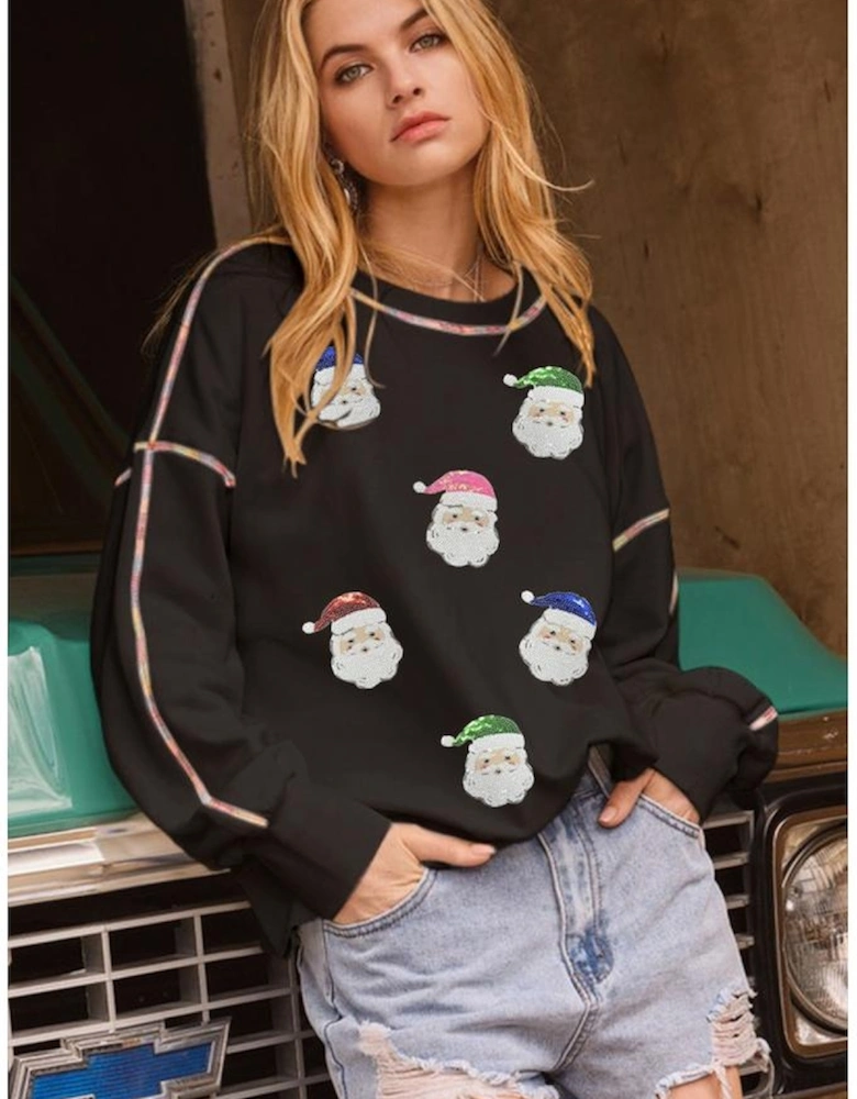 Black Colorful Stitch Trim Sequin Patched Santa Claus Baggy Sweatshirt
