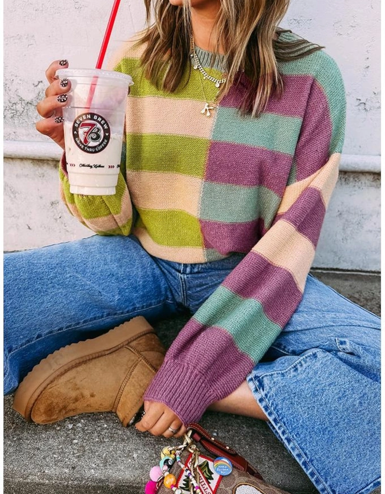 Green Stripe Drop Shoulder Ribbed Edge Casual Sweater