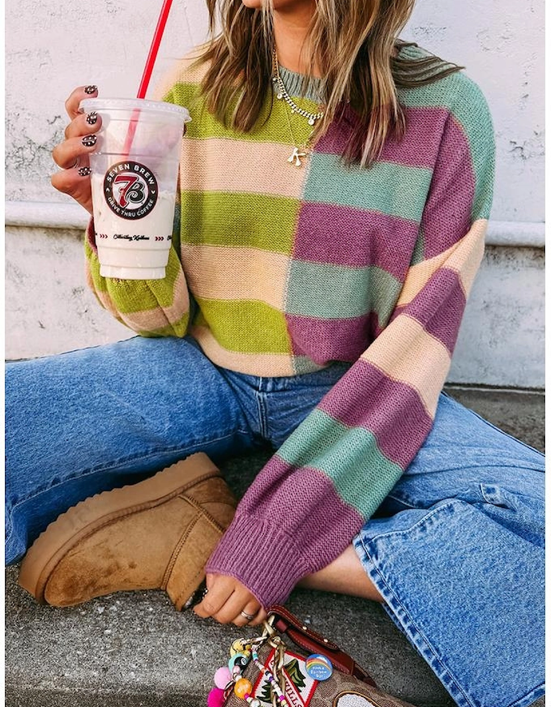 Green Stripe Drop Shoulder Ribbed Edge Casual Sweater