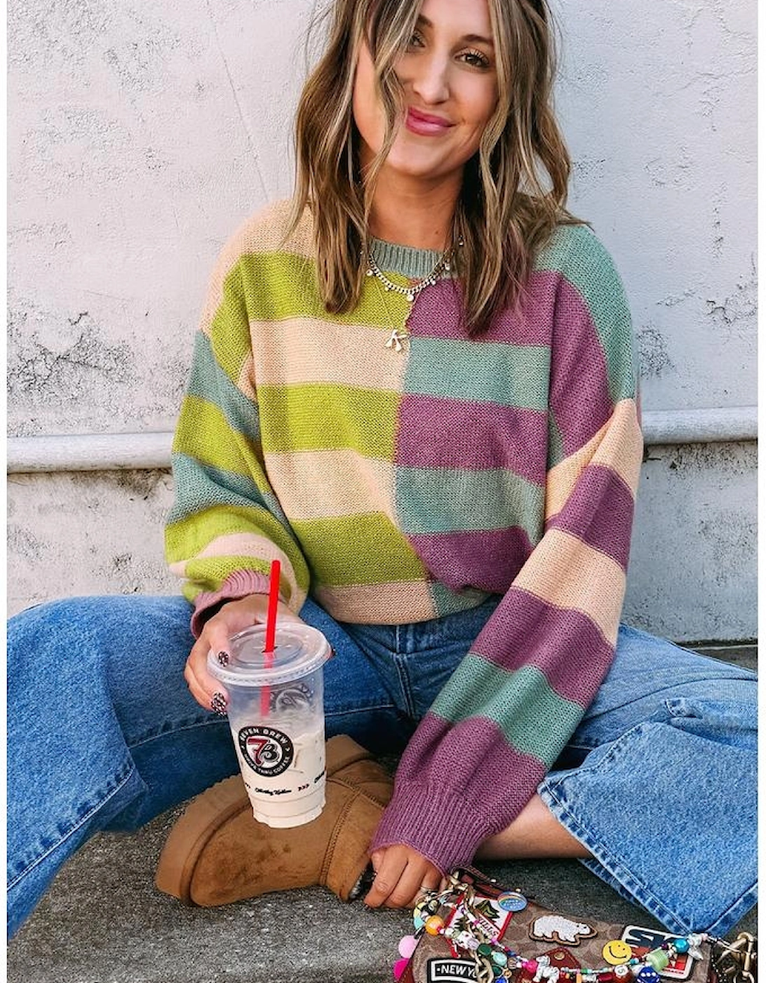 Green Stripe Drop Shoulder Ribbed Edge Casual Sweater
