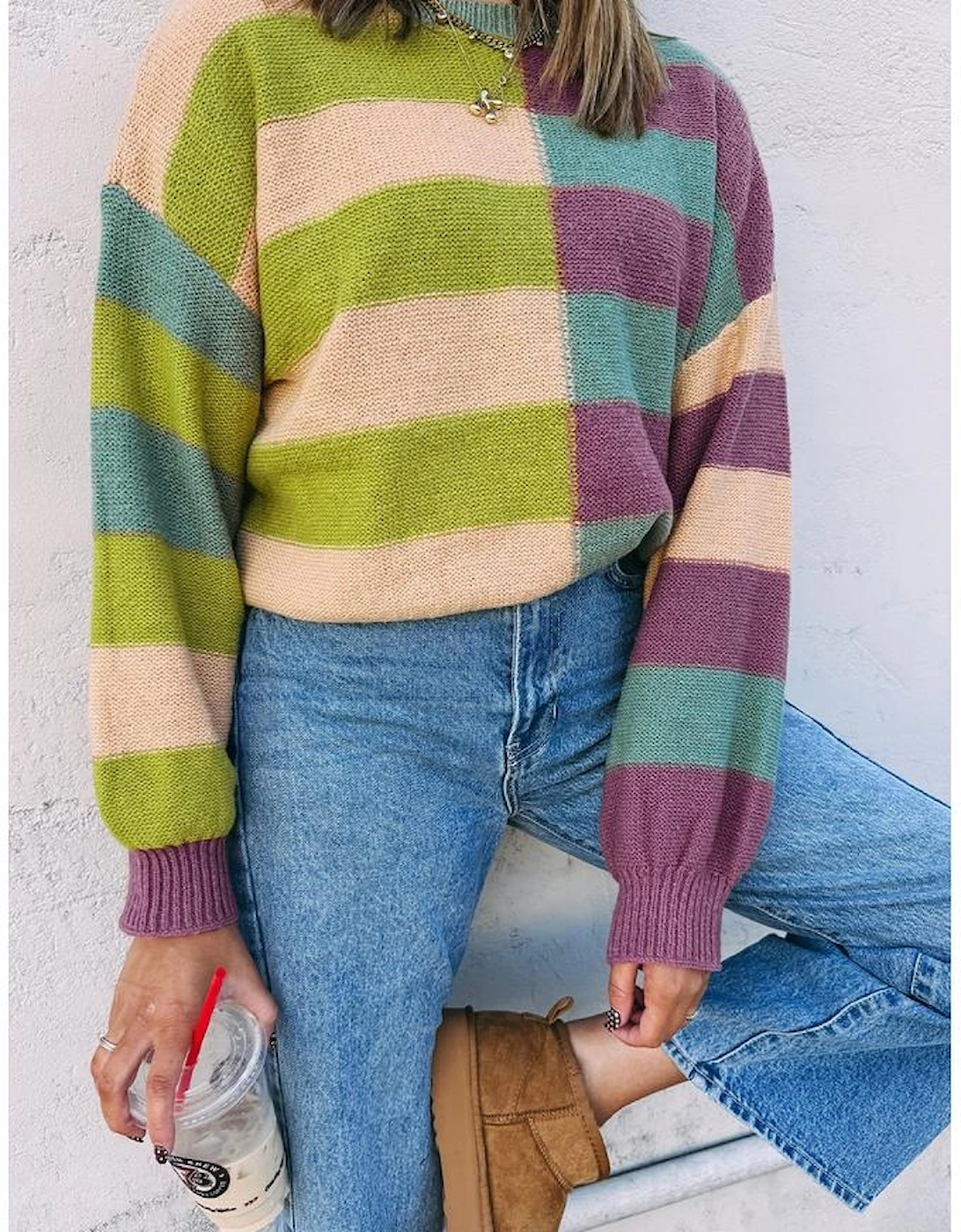 Green Stripe Drop Shoulder Ribbed Edge Casual Sweater, 13 of 12