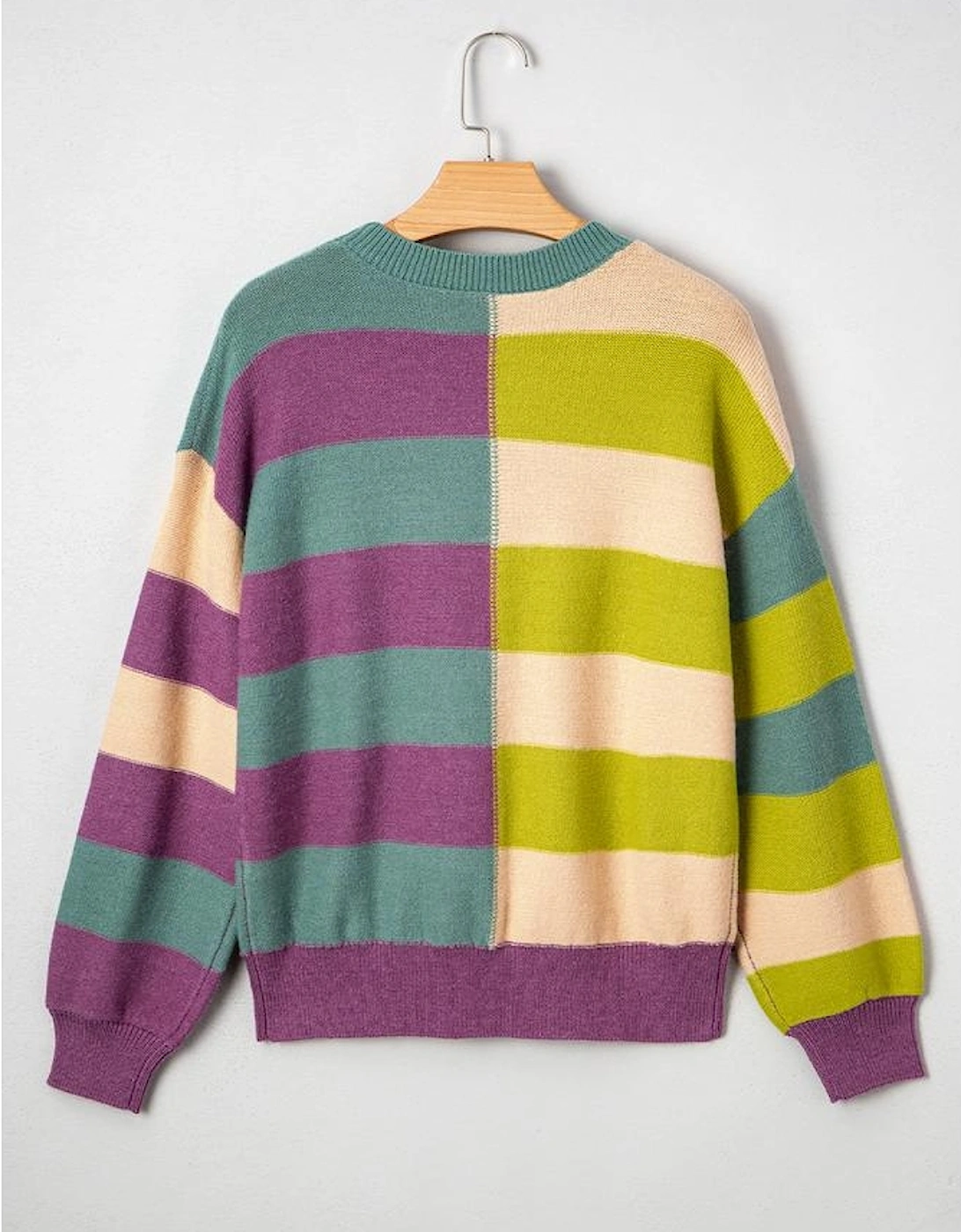 Green Stripe Drop Shoulder Ribbed Edge Casual Sweater