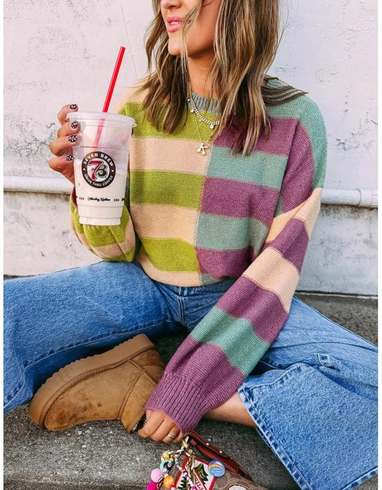 Green Stripe Drop Shoulder Ribbed Edge Casual Sweater