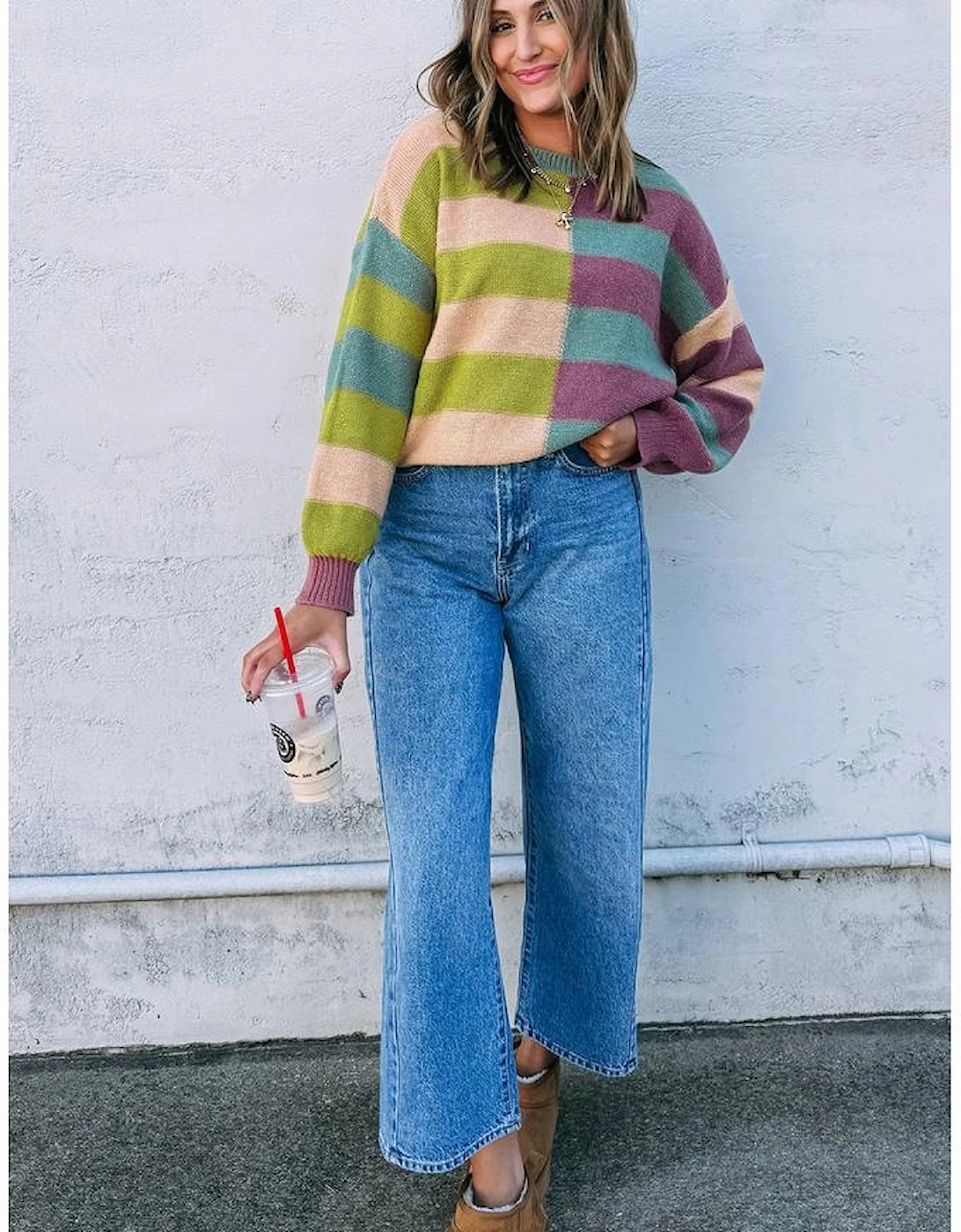 Green Stripe Drop Shoulder Ribbed Edge Casual Sweater