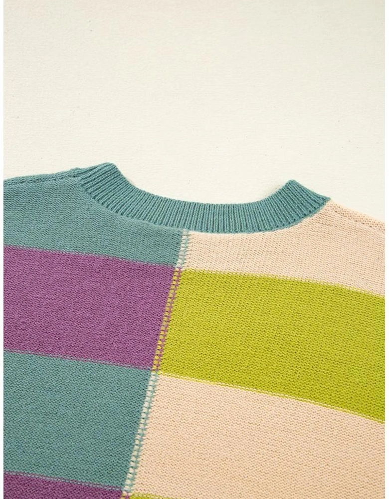 Green Stripe Drop Shoulder Ribbed Edge Casual Sweater
