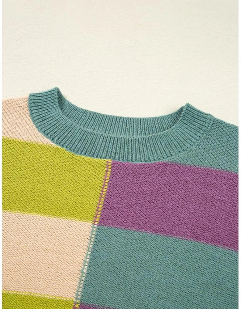 Green Stripe Drop Shoulder Ribbed Edge Casual Sweater