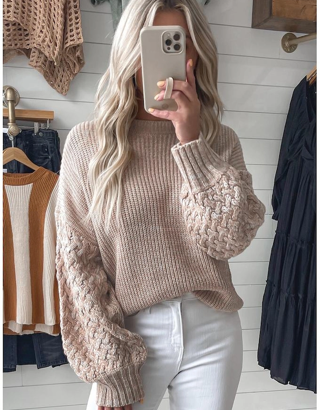 Parchment Cable Knit Sleeve Drop Shoulder Sweater