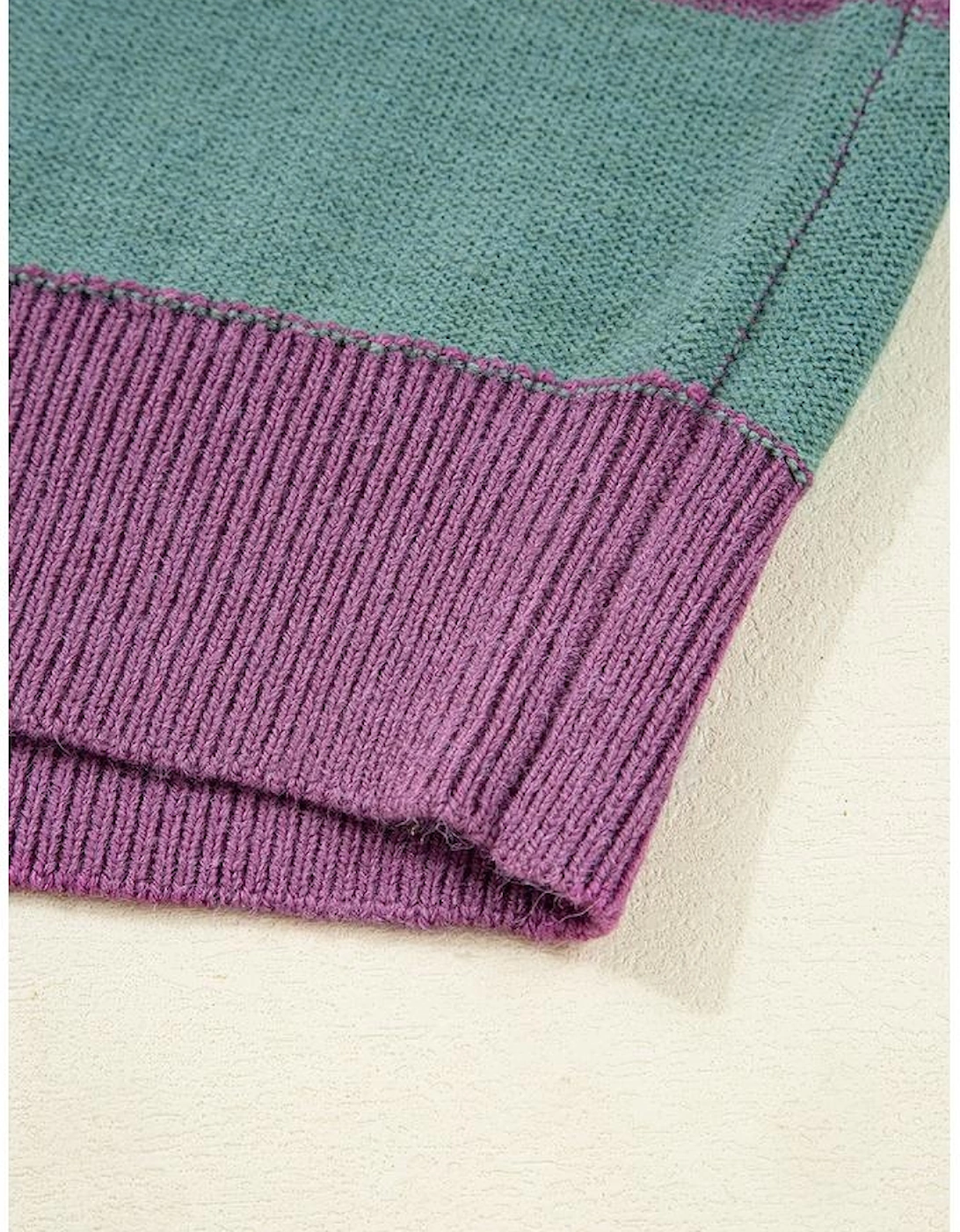 Green Stripe Drop Shoulder Ribbed Edge Casual Sweater