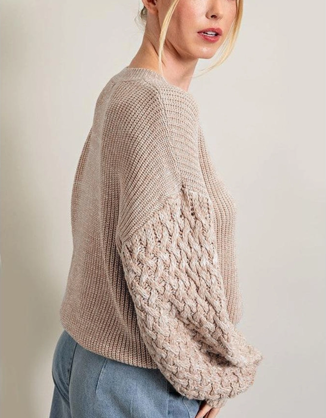 Parchment Cable Knit Sleeve Drop Shoulder Sweater