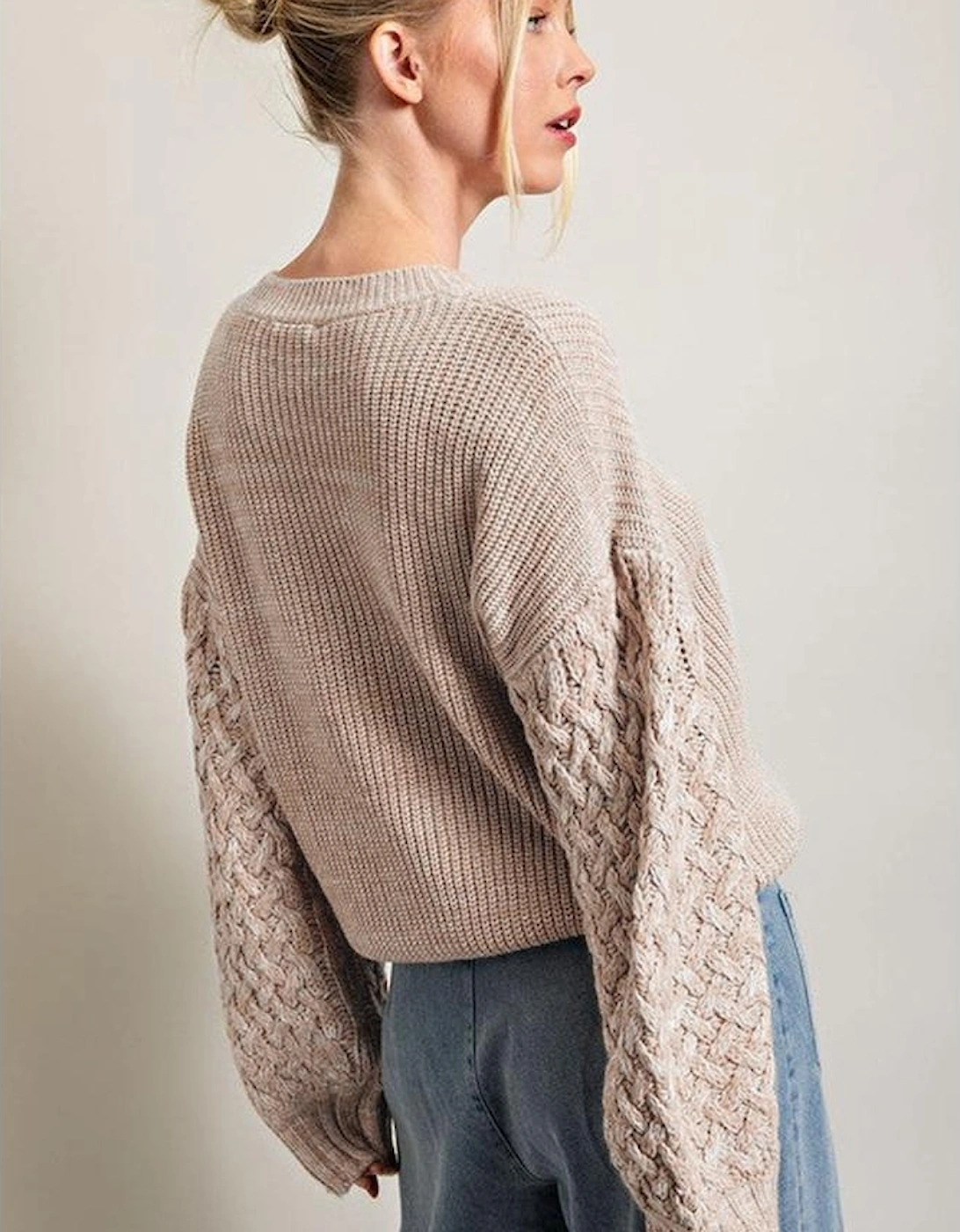 Parchment Cable Knit Sleeve Drop Shoulder Sweater