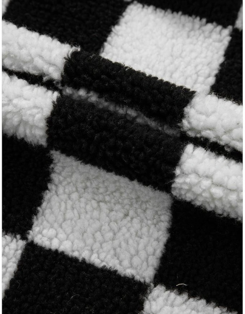 Black Checkered Side Pockets Collared Buttoned Fleece Jacket