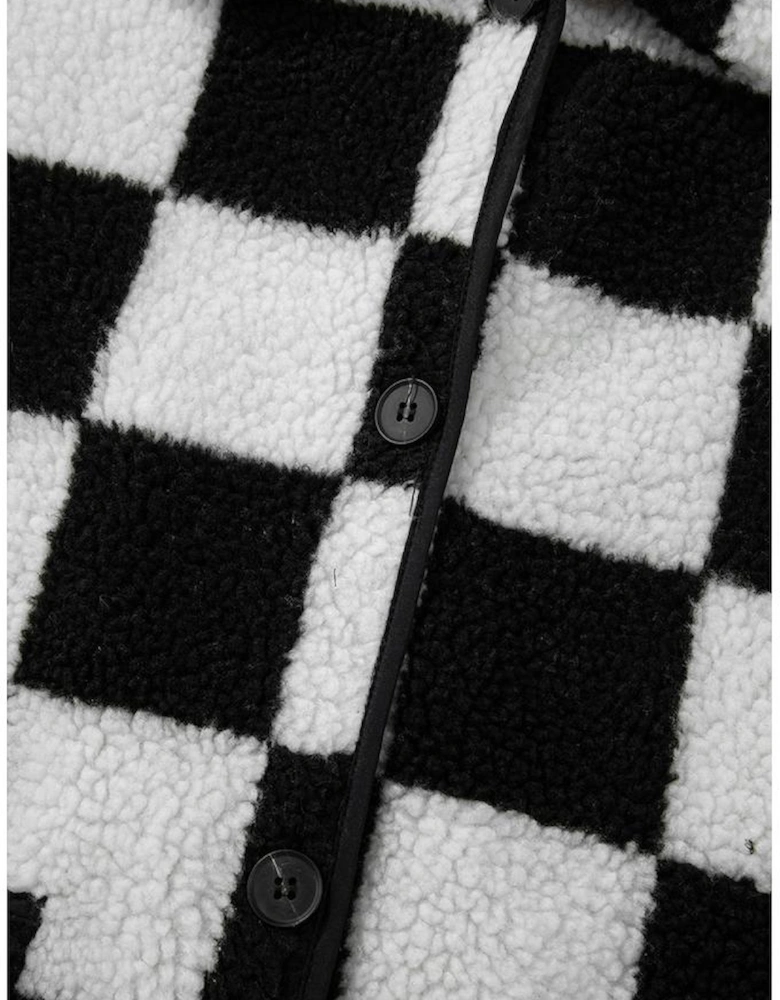 Black Checkered Side Pockets Collared Buttoned Fleece Jacket