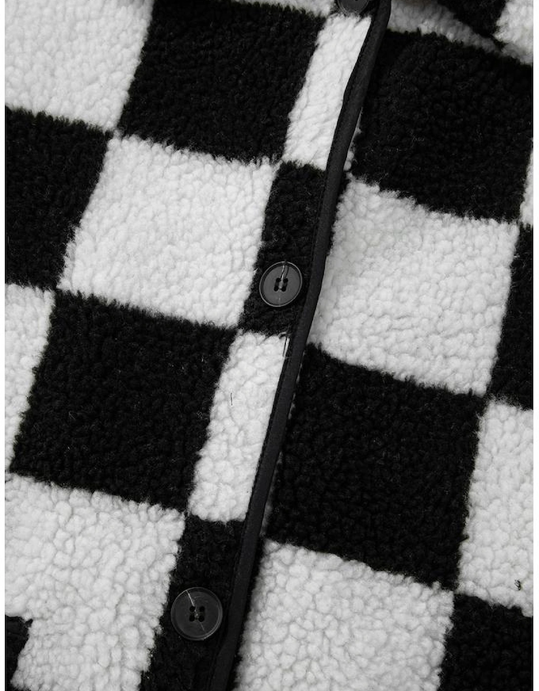 Black Checkered Side Pockets Collared Buttoned Fleece Jacket