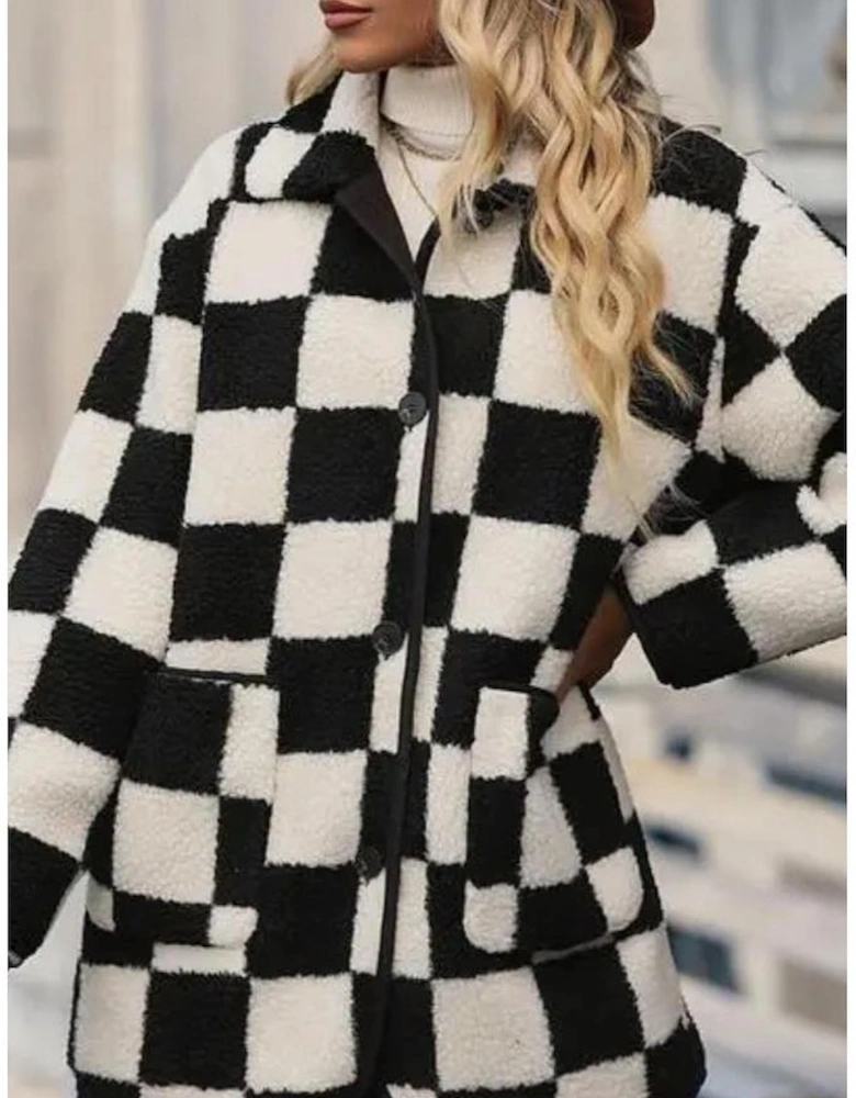 Black Checkered Side Pockets Collared Buttoned Fleece Jacket