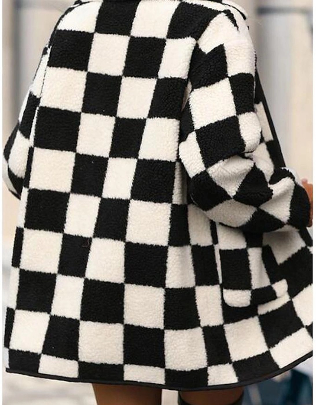 Black Checkered Side Pockets Collared Buttoned Fleece Jacket