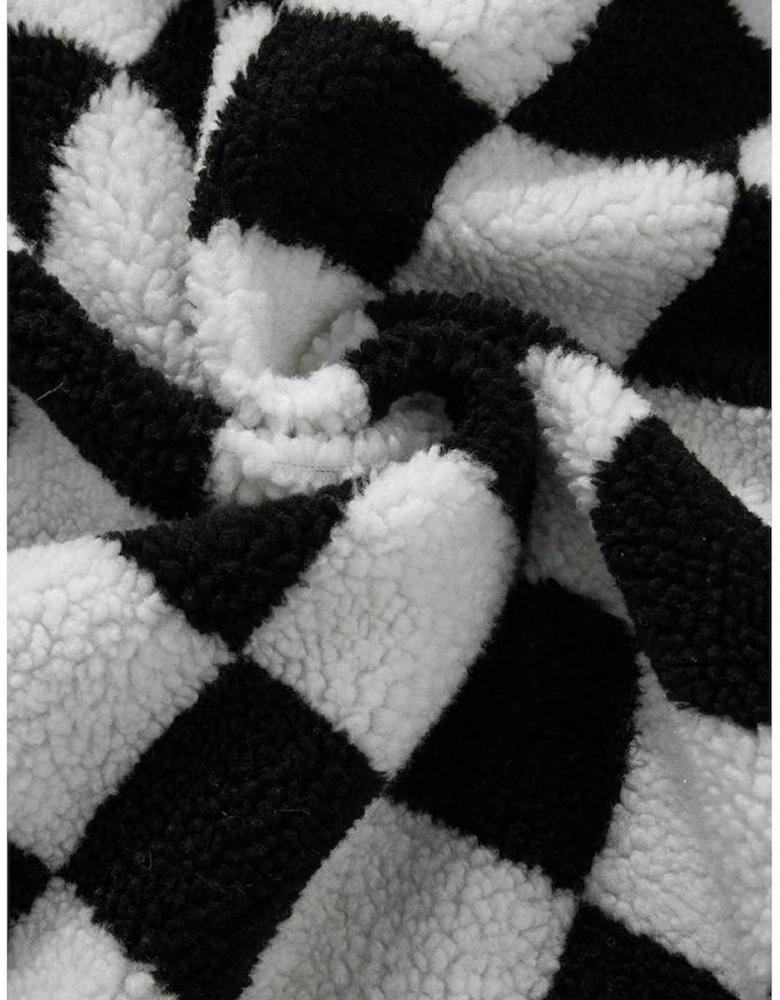 Black Checkered Side Pockets Collared Buttoned Fleece Jacket