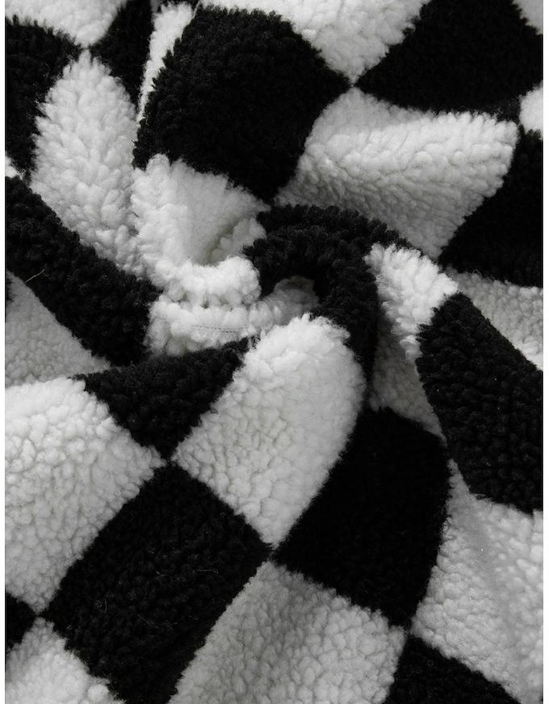 Black Checkered Side Pockets Collared Buttoned Fleece Jacket