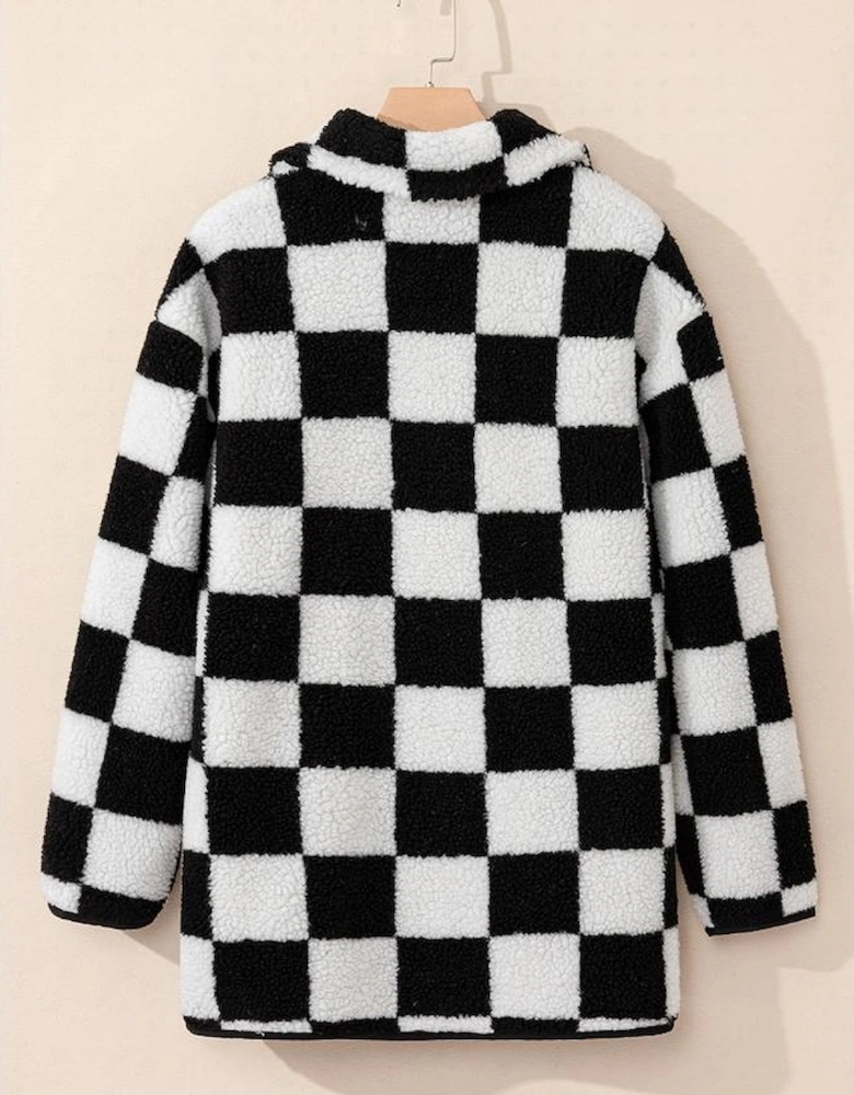 Black Checkered Side Pockets Collared Buttoned Fleece Jacket