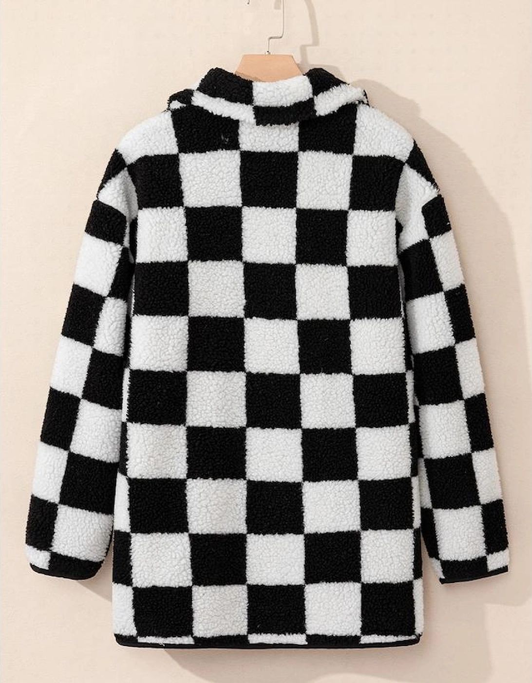 Black Checkered Side Pockets Collared Buttoned Fleece Jacket