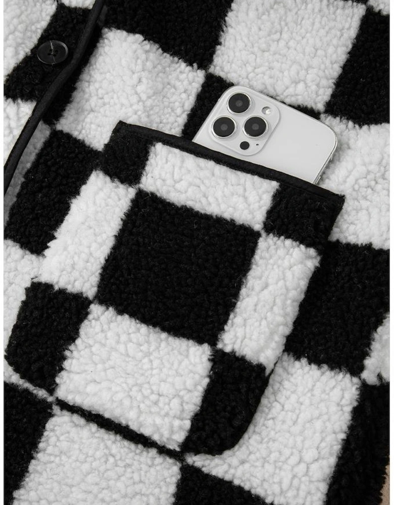 Black Checkered Side Pockets Collared Buttoned Fleece Jacket