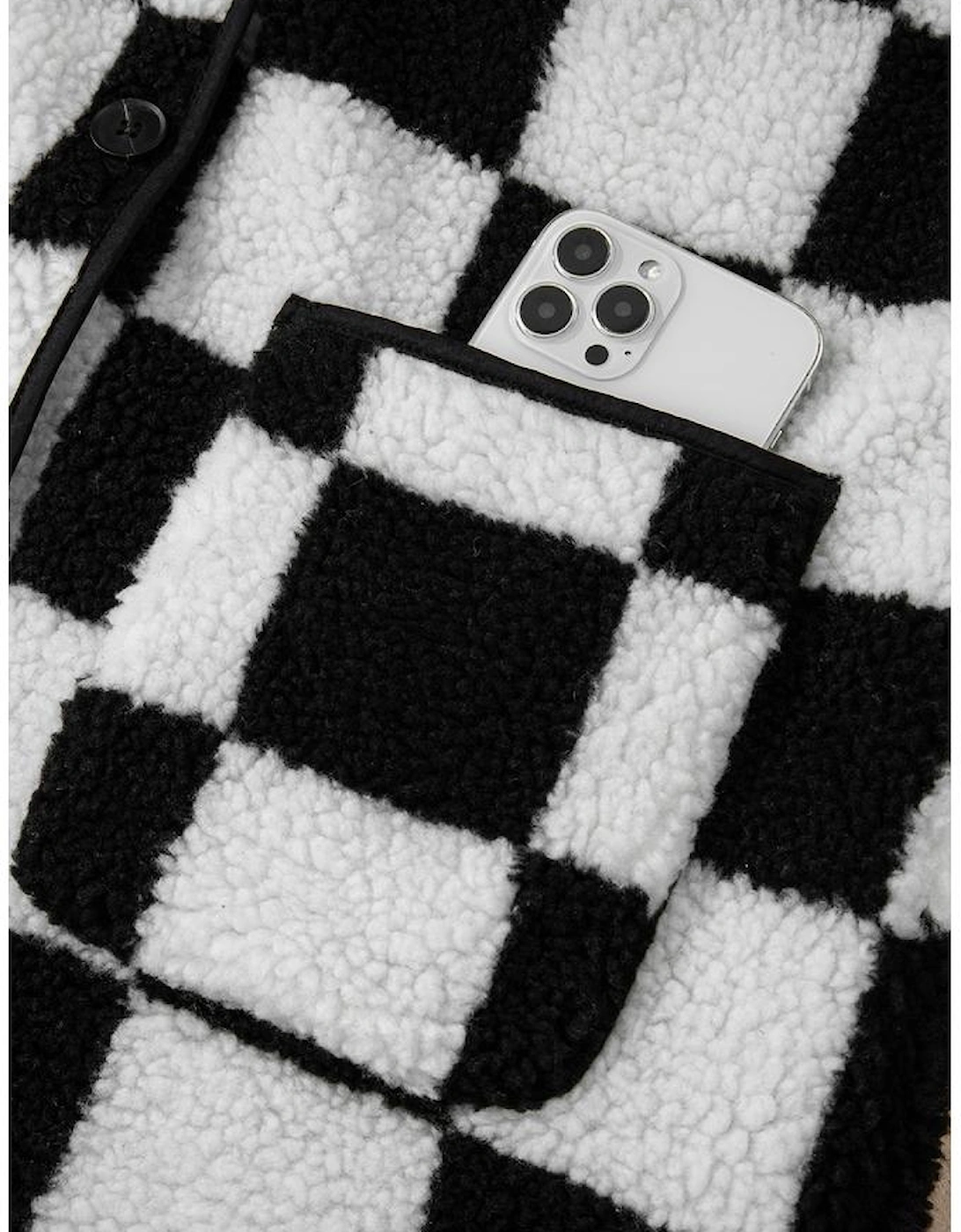 Black Checkered Side Pockets Collared Buttoned Fleece Jacket