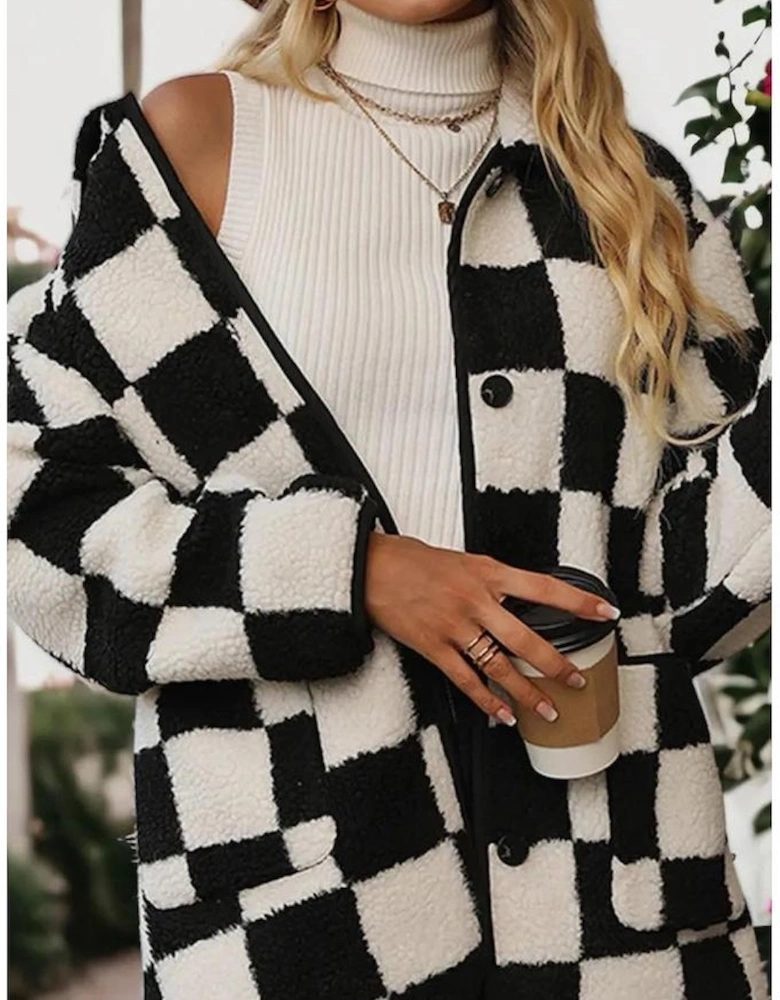 Black Checkered Side Pockets Collared Buttoned Fleece Jacket