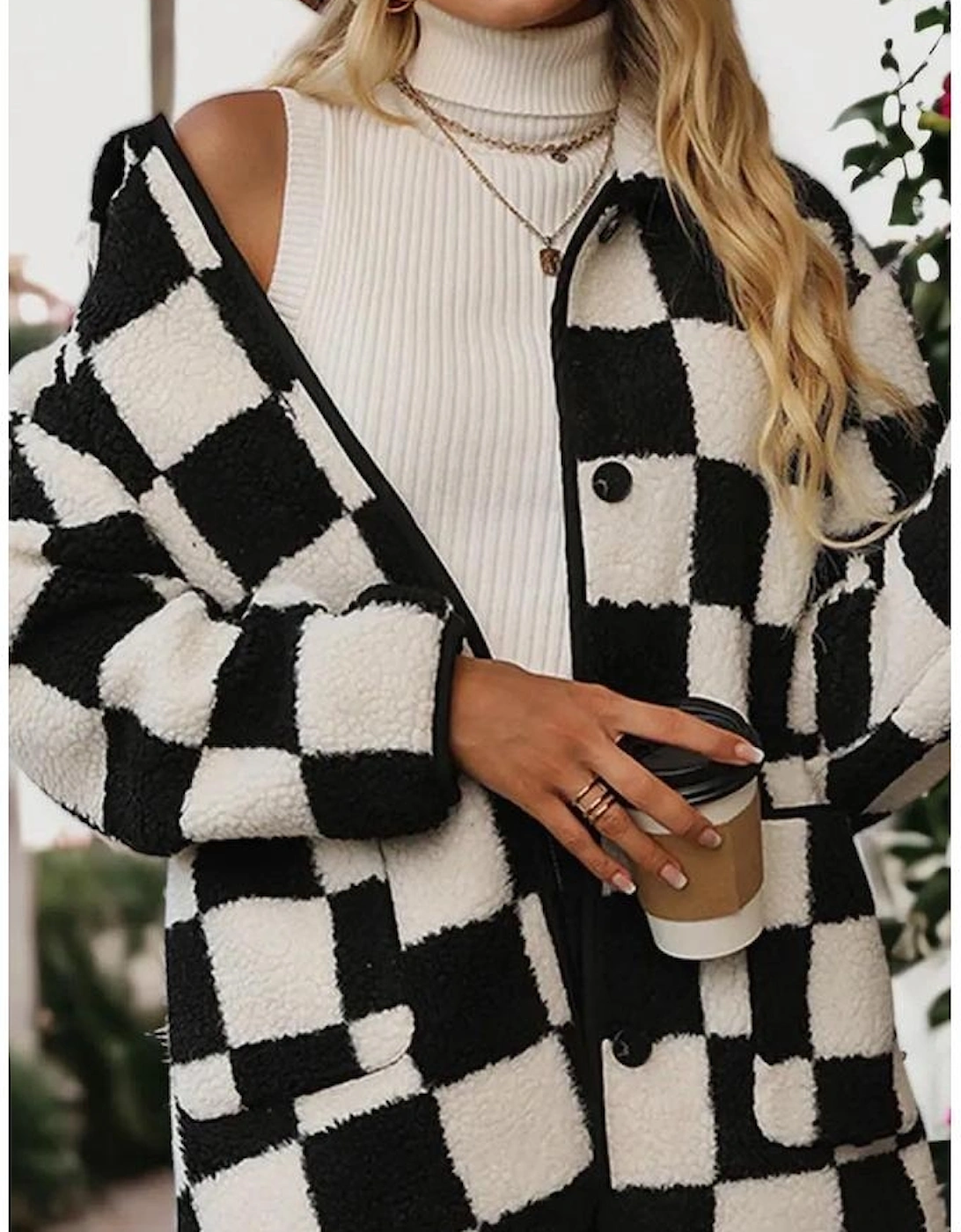 Black Checkered Side Pockets Collared Buttoned Fleece Jacket