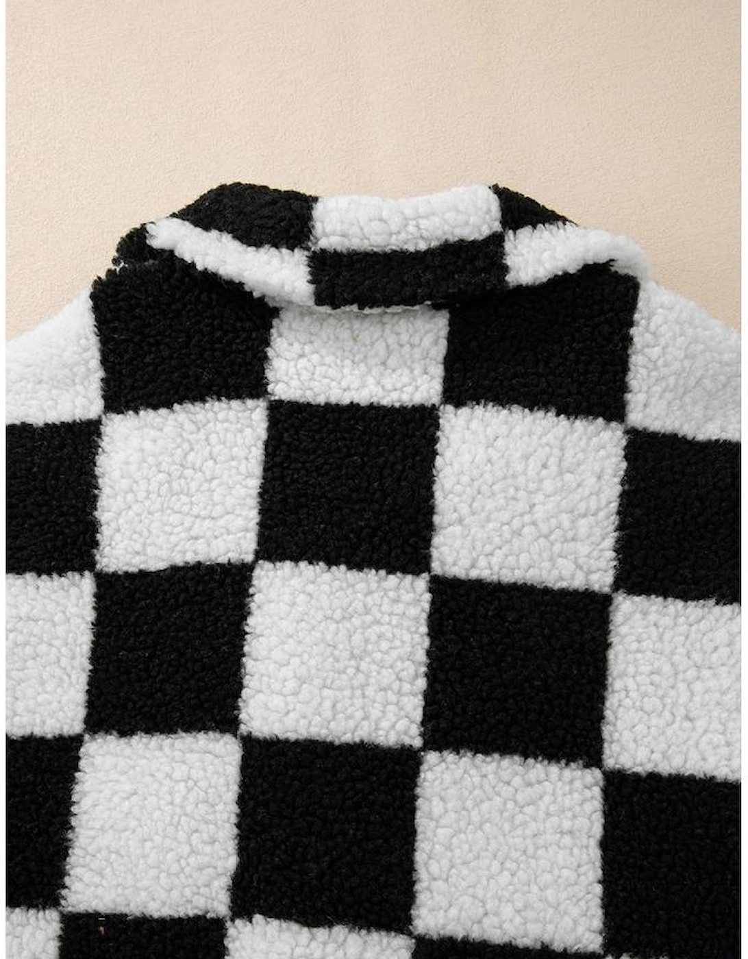 Black Checkered Side Pockets Collared Buttoned Fleece Jacket