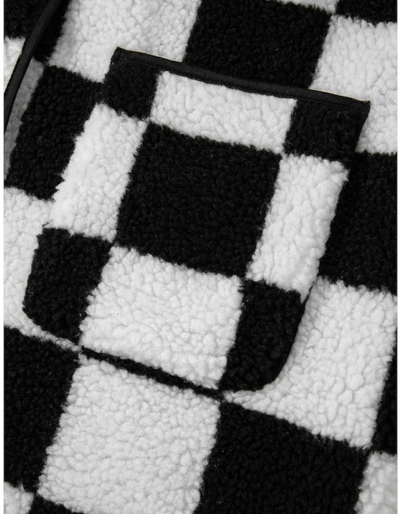 Black Checkered Side Pockets Collared Buttoned Fleece Jacket