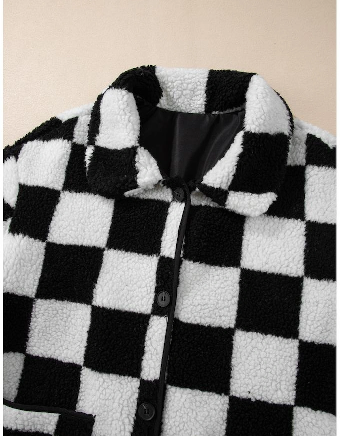 Black Checkered Side Pockets Collared Buttoned Fleece Jacket