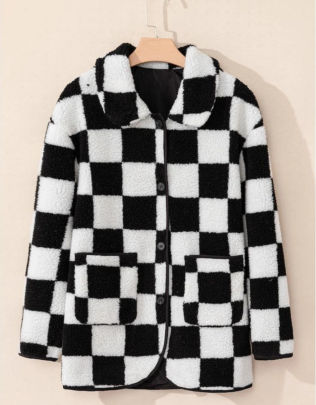 Black Checkered Side Pockets Collared Buttoned Fleece Jacket