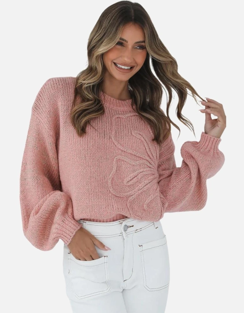 Peach Blossom Big Flower Accent Bubble Sleeve Drop Shoulder Sweater