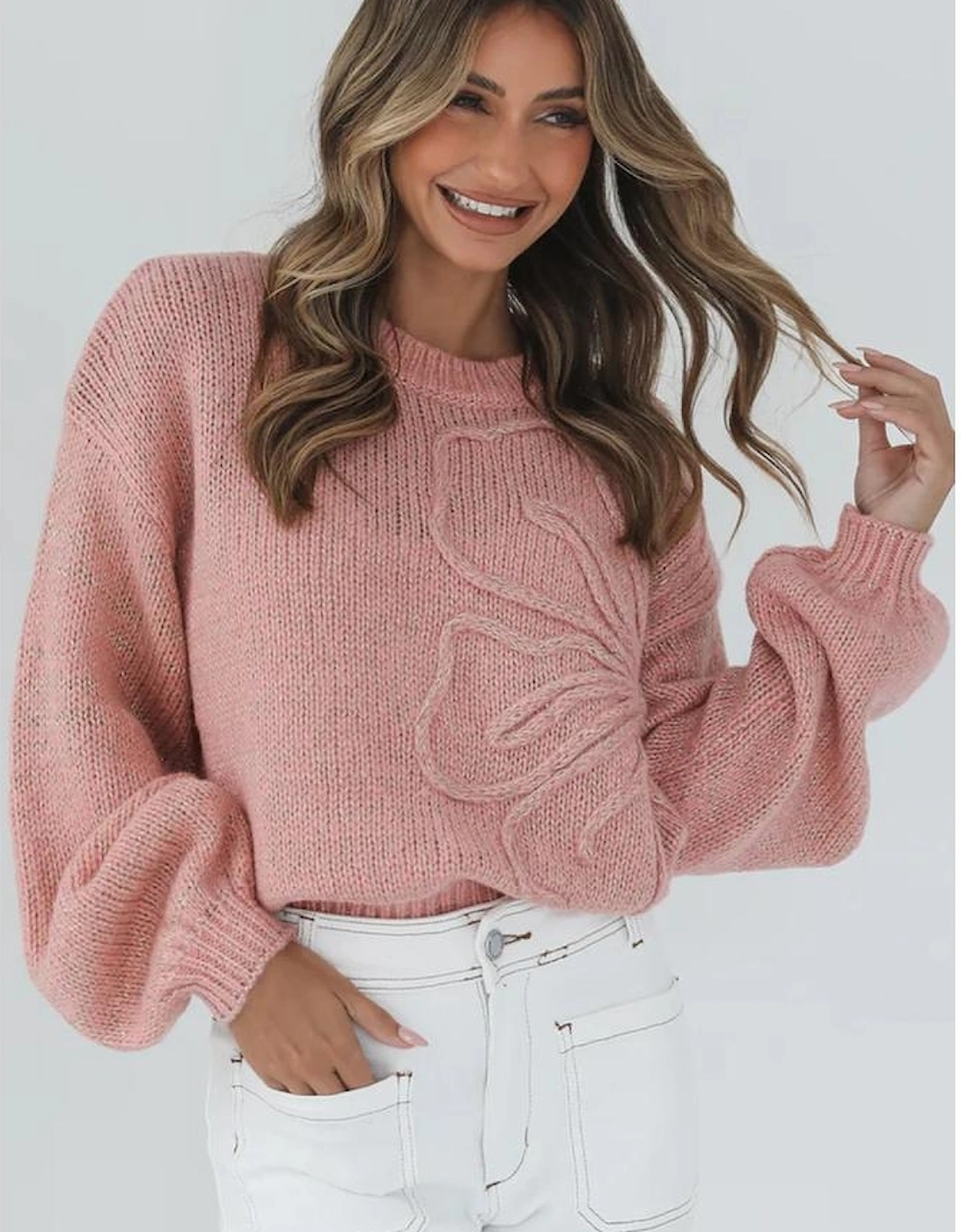 Peach Blossom Big Flower Accent Bubble Sleeve Drop Shoulder Sweater