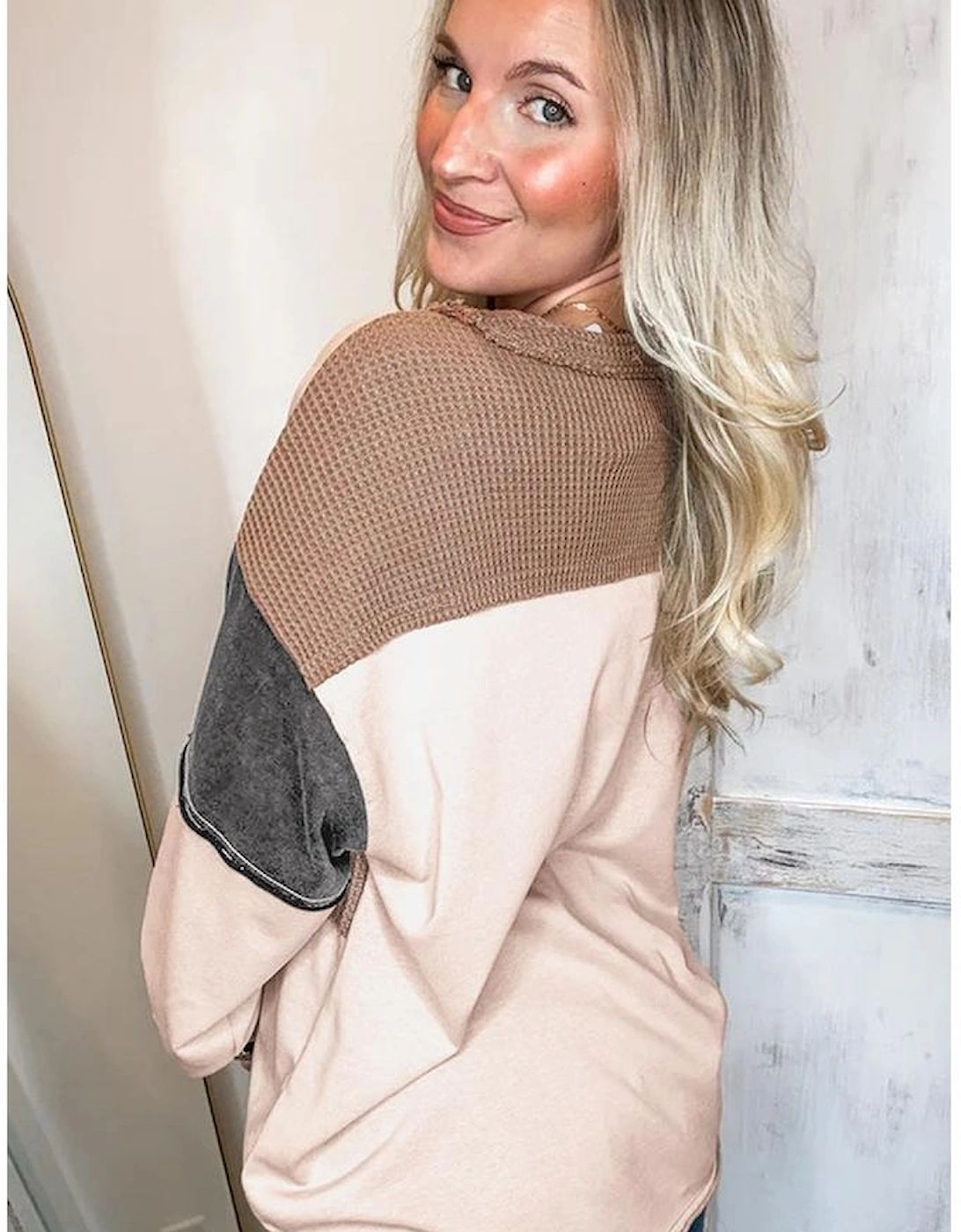 Jet Stream Color Block Waffled Patchwork Loose Henley Top, 13 of 12