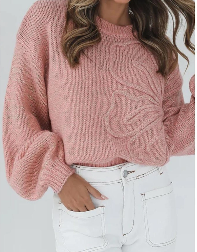 Peach Blossom Big Flower Accent Bubble Sleeve Drop Shoulder Sweater