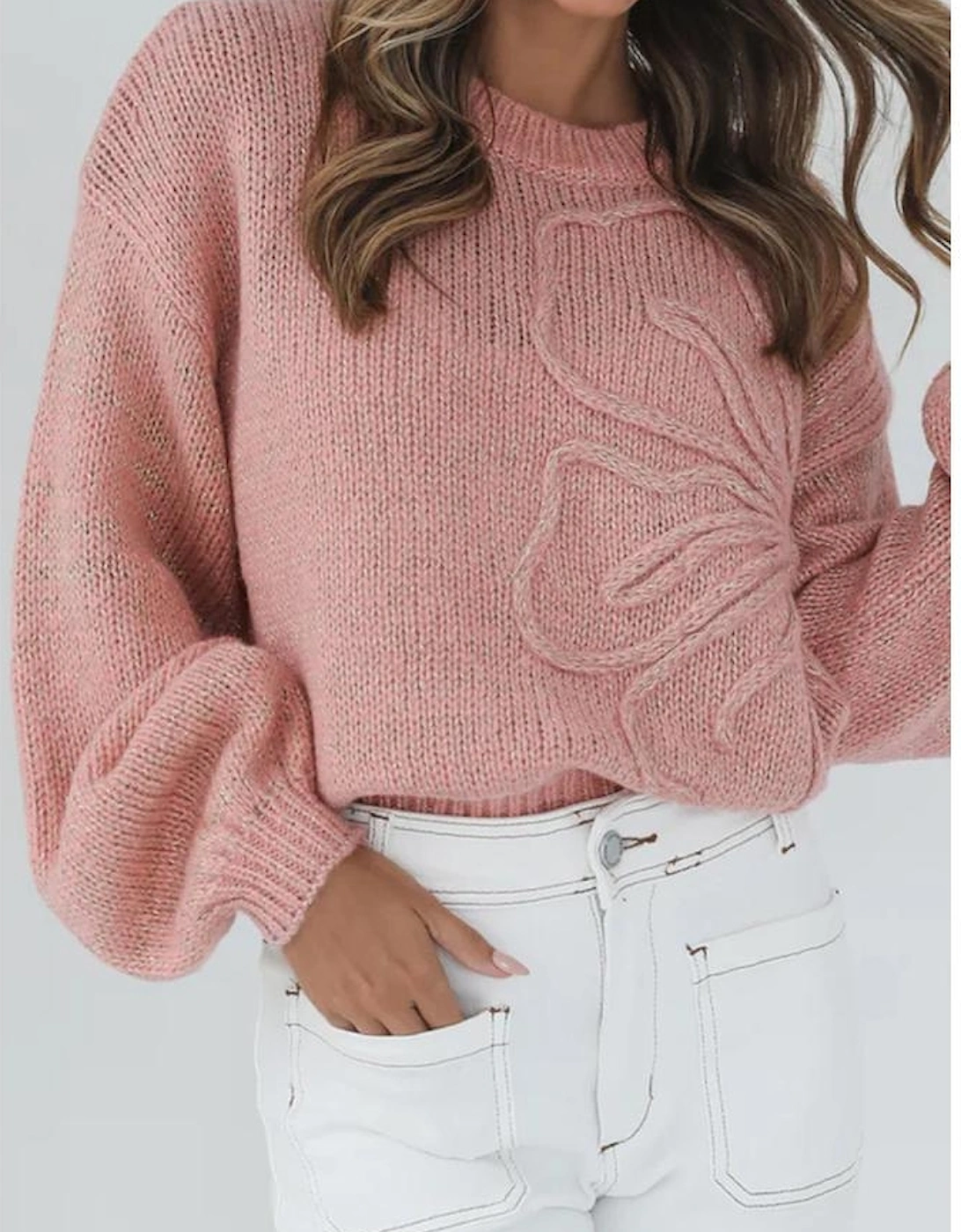 Peach Blossom Big Flower Accent Bubble Sleeve Drop Shoulder Sweater