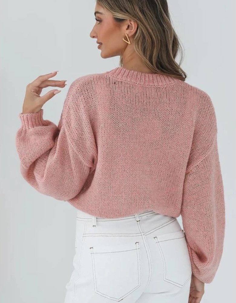 Peach Blossom Big Flower Accent Bubble Sleeve Drop Shoulder Sweater