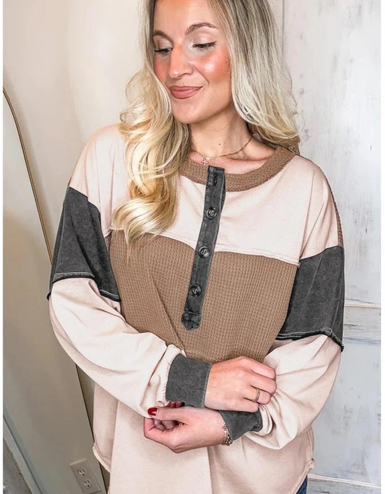 Jet Stream Color Block Waffled Patchwork Loose Henley Top
