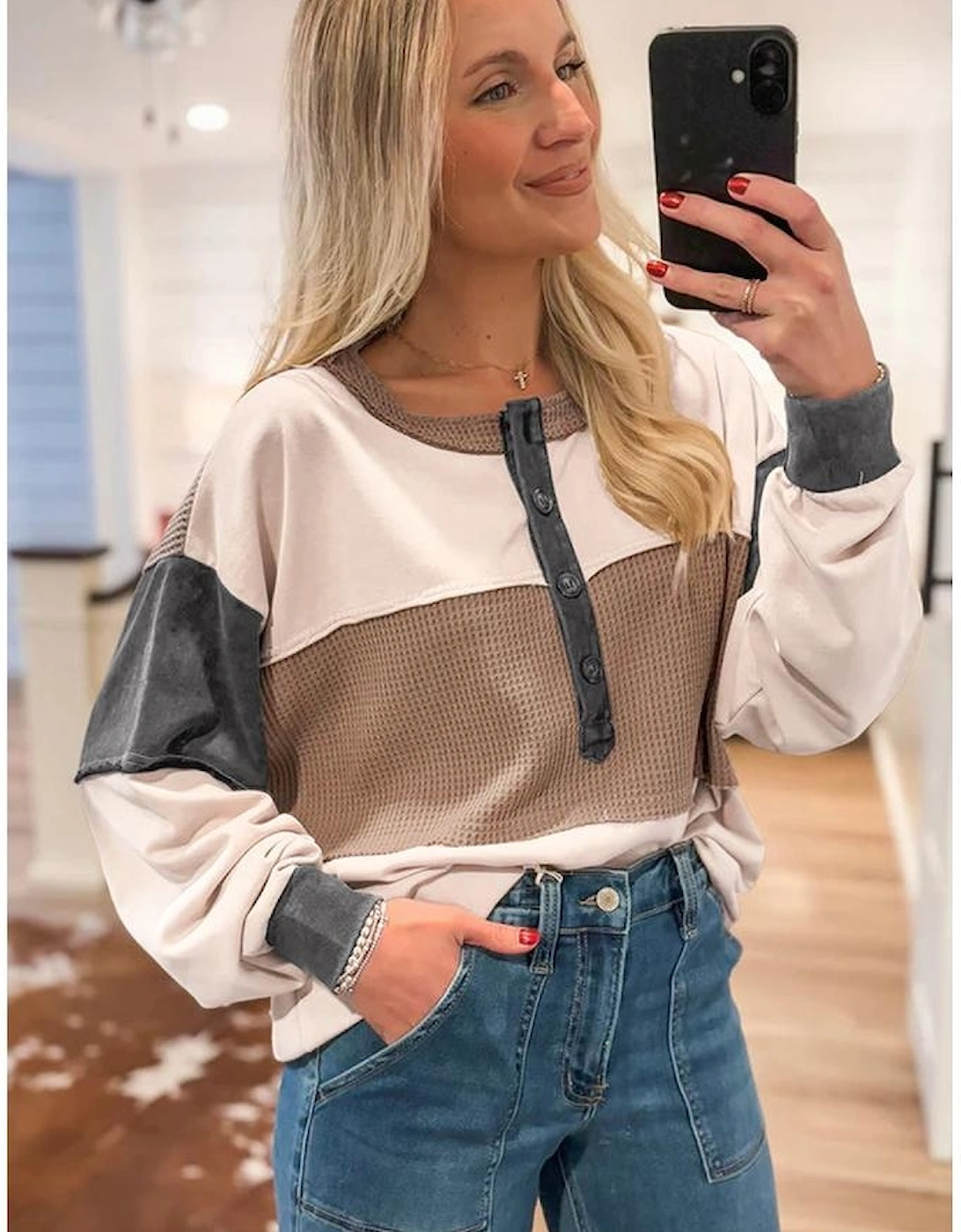 Jet Stream Color Block Waffled Patchwork Loose Henley Top