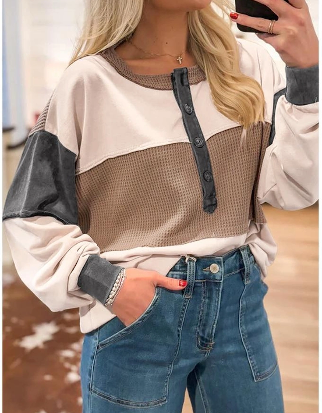 Jet Stream Color Block Waffled Patchwork Loose Henley Top