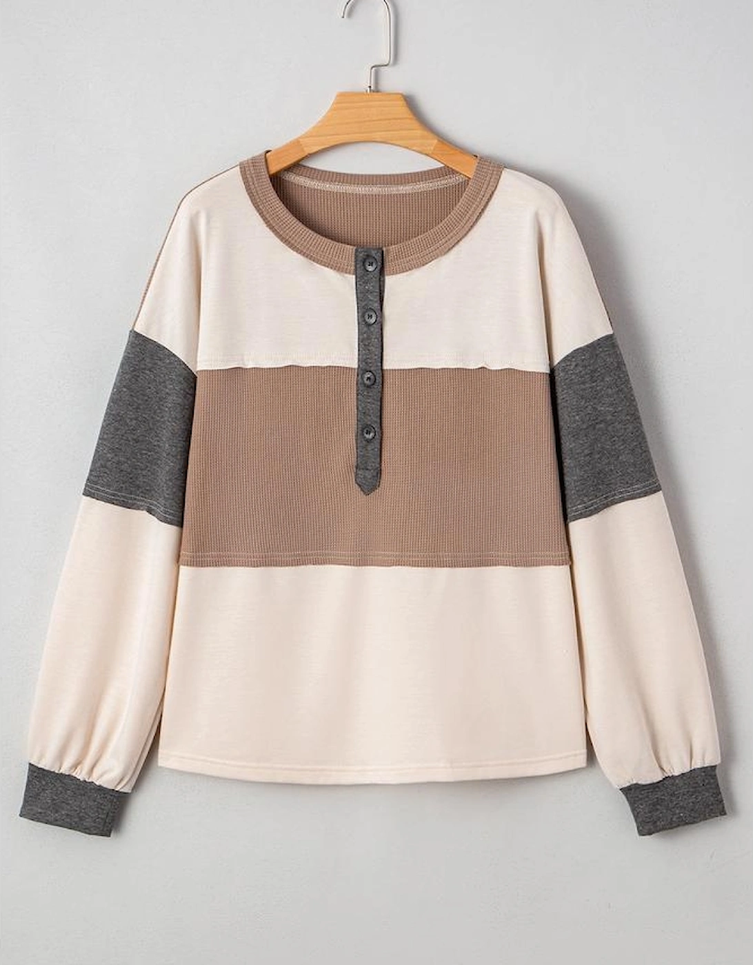 Jet Stream Color Block Waffled Patchwork Loose Henley Top