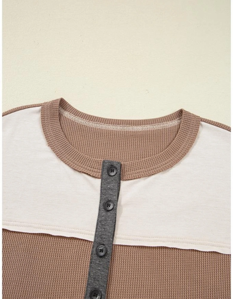 Jet Stream Color Block Waffled Patchwork Loose Henley Top