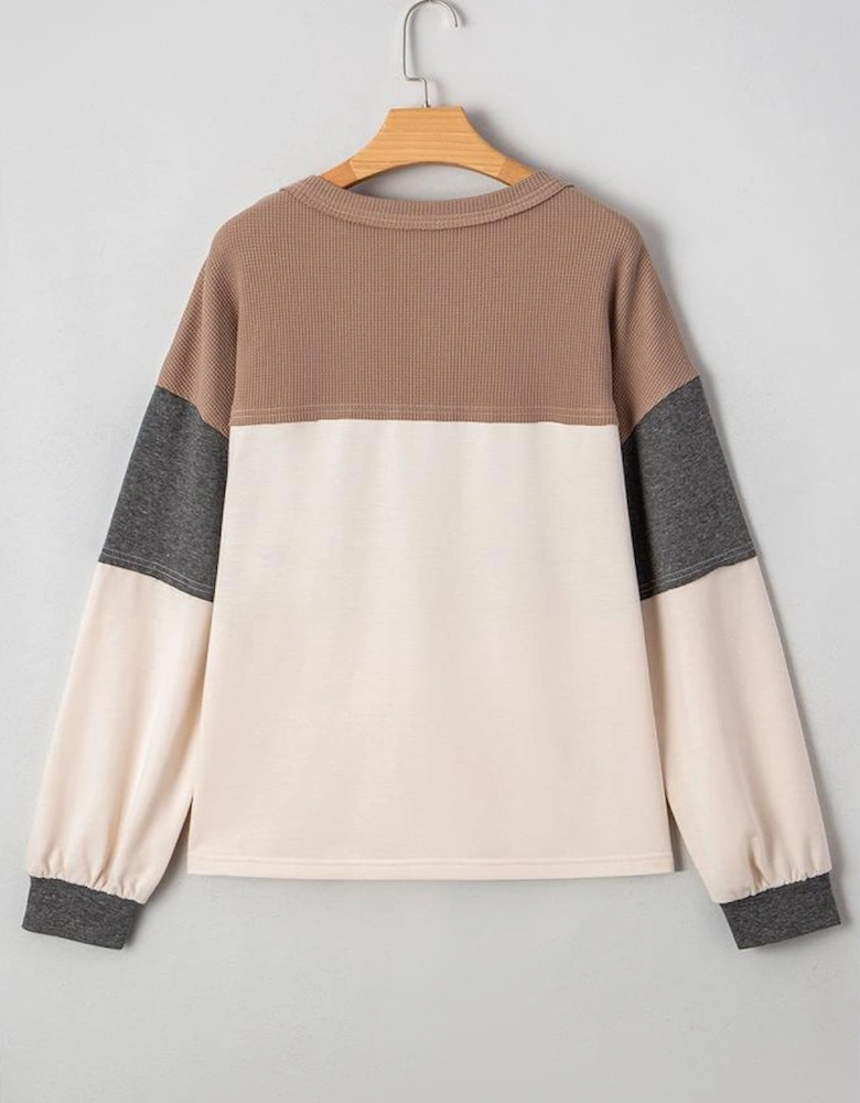 Jet Stream Color Block Waffled Patchwork Loose Henley Top