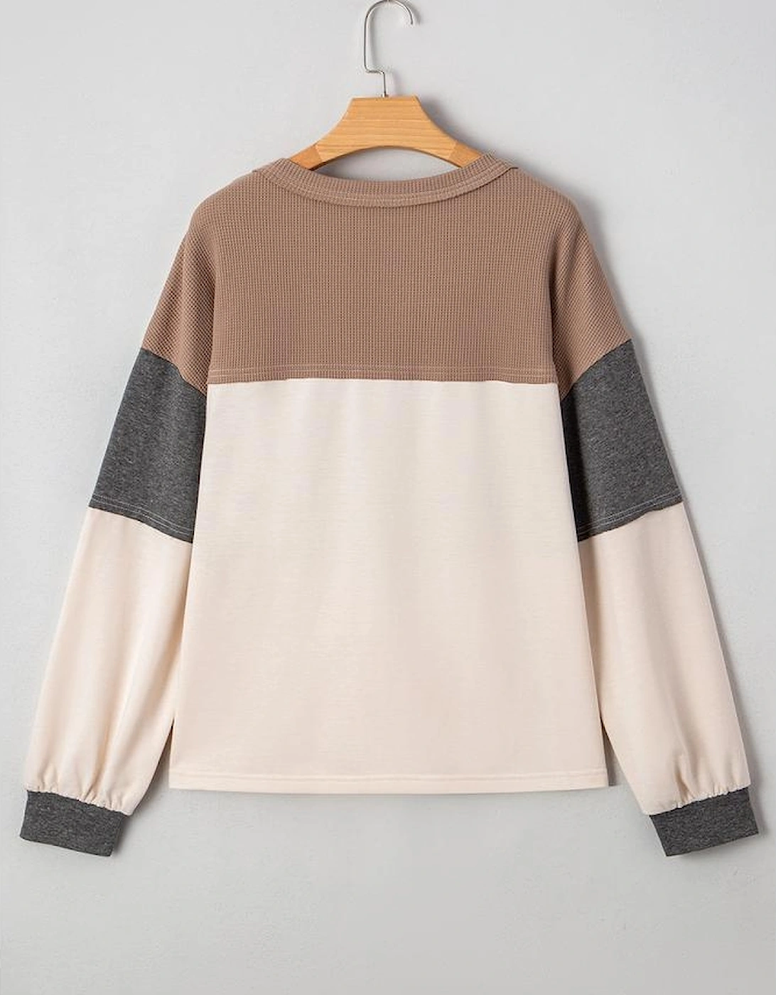 Jet Stream Color Block Waffled Patchwork Loose Henley Top